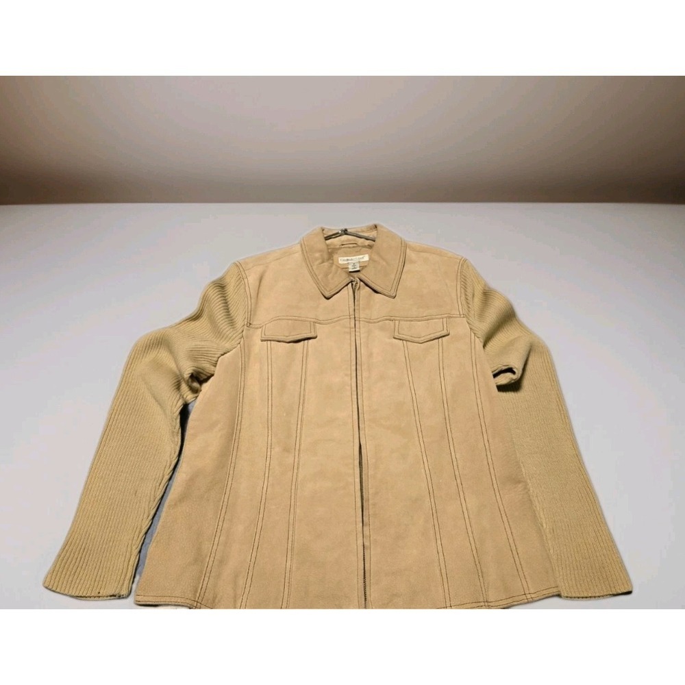 Coldwater Creek Womens Leather Knit Jacket Size 16‎ Tan Zip Front Soft